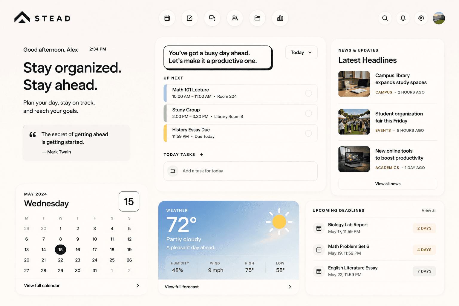 An illustration of the Stead dashboard - schedule, tasks, calendar, weather, news and upcoming deadlines in a single view.